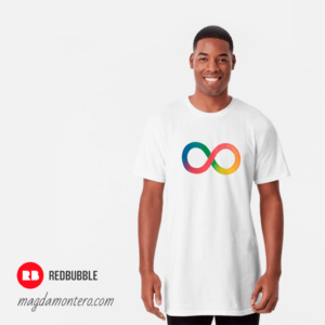 Fotografía tipo catálogo, con modelo masculino, que muestra una camiseta blanca con el símbolo del infinito de los colores del arcoiris.
Magda Montero, tienda de RedBubble